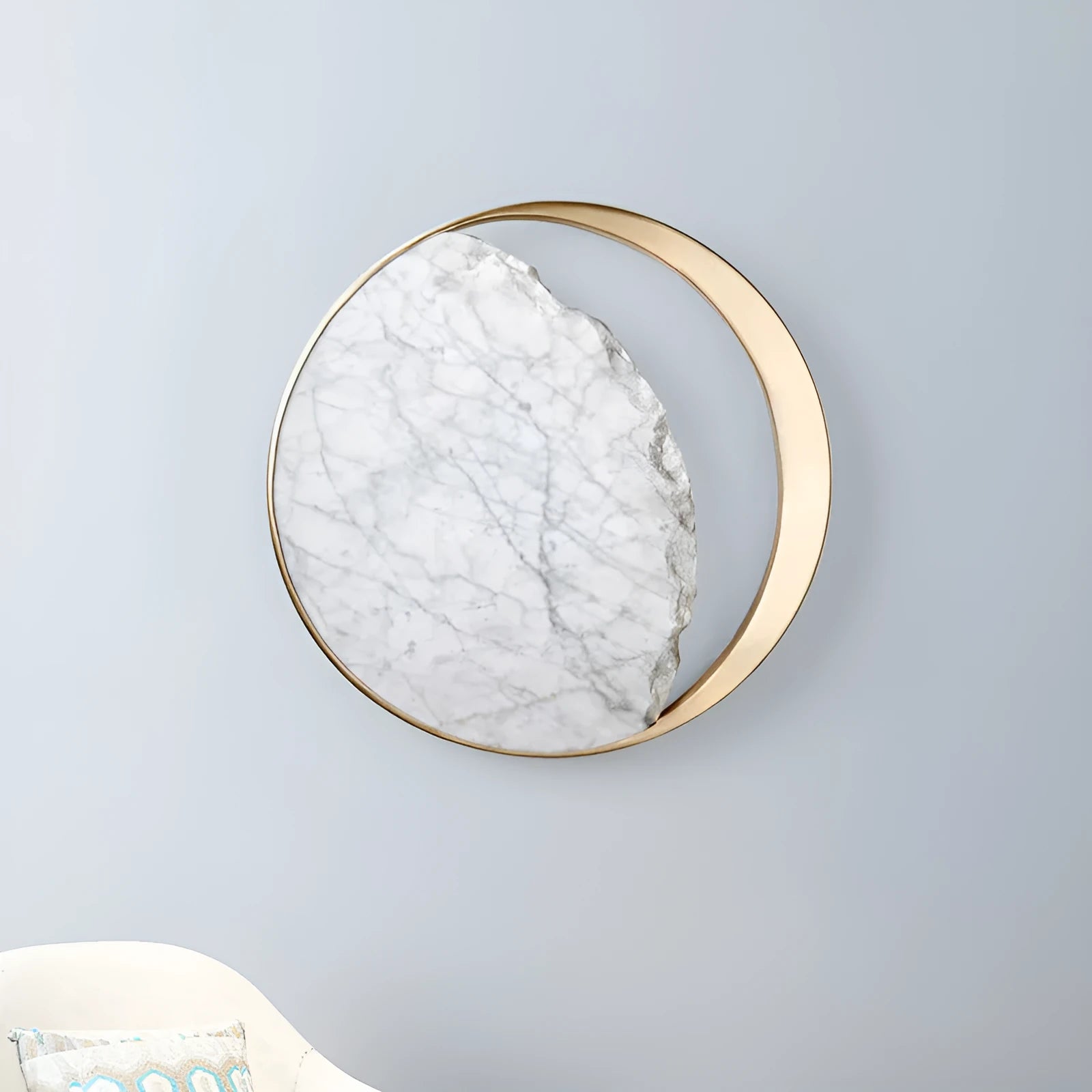 Round marble and copper LED wall lamp with eclipse art design, 25cm diameter, mounted on wall with push button switch