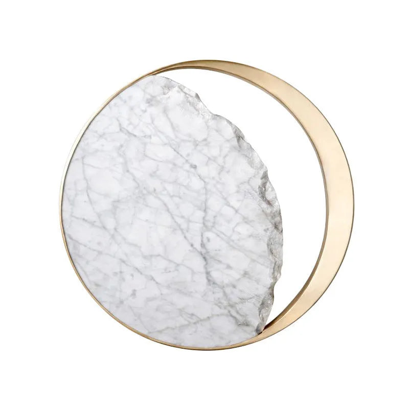 Round marble and copper LED wall lamp with eclipse art design, 25cm diameter, mounted on wall with push button switch