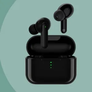 In-ear wireless Bluetooth headset in black with charging case showing magnetic suction charging contacts