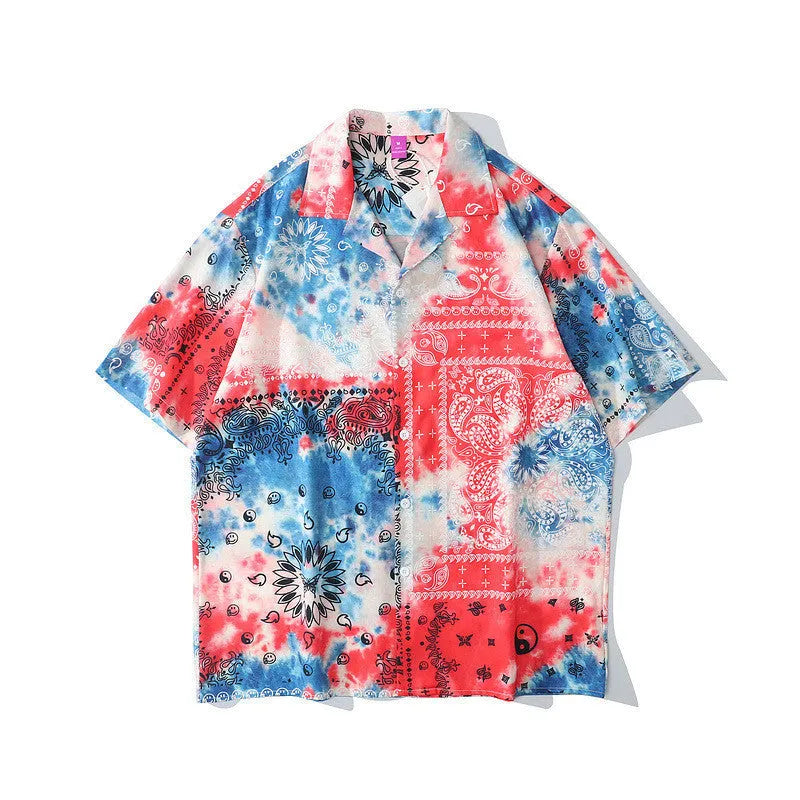 Retro Hawaiian shirt with cashew flower pattern, loose fit, short sleeves, lapel collar, for men and women
