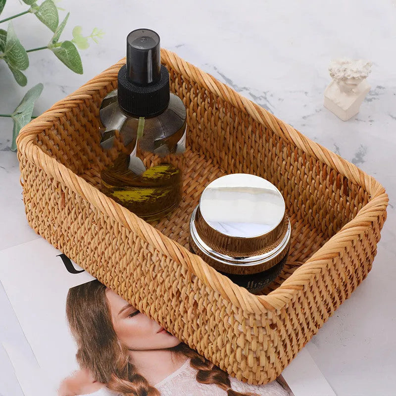 Rattan storage basket made from natural autumn vine for organising cosmetics and jewellery, with stackable design