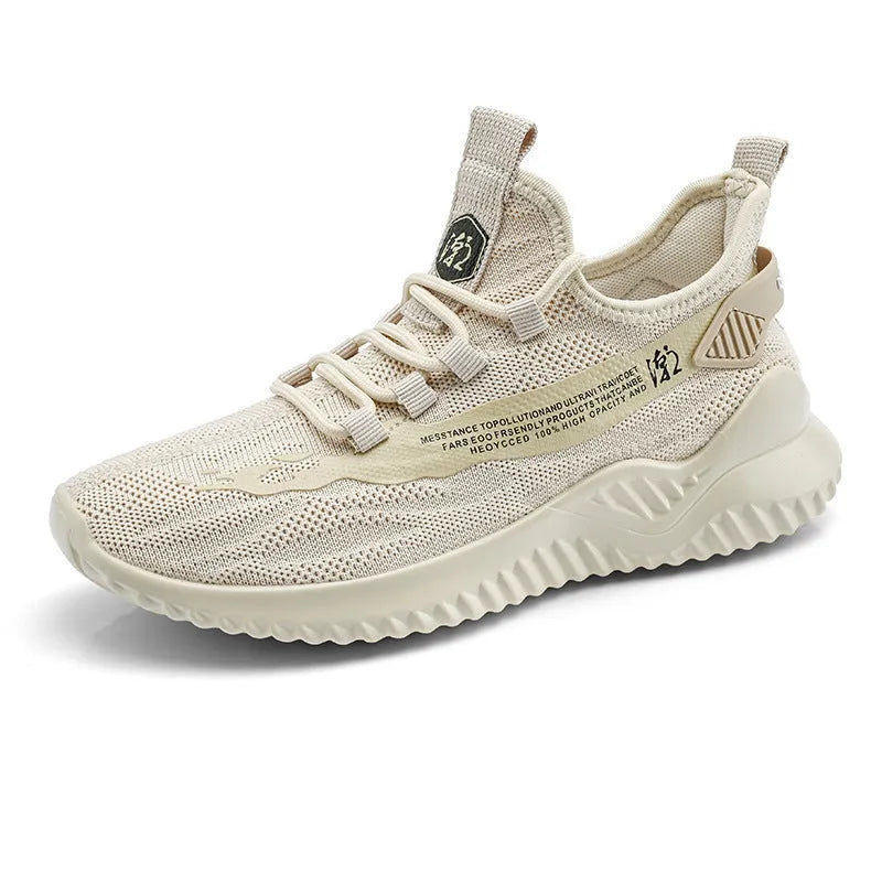 Men's white mesh sports shoes with rubber sole and lace-up front on grey background