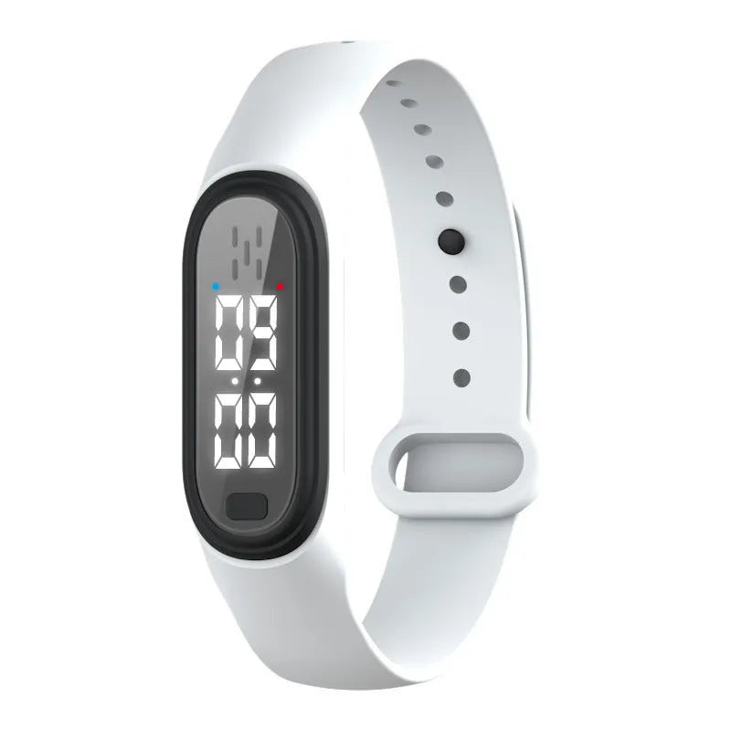 Ultrasonic electronic mosquito repellent watch bracelet in black, white, blue, and pink colours.