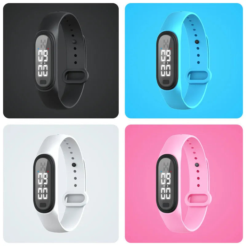 Ultrasonic electronic mosquito repellent watch bracelet in black, white, blue, and pink colours.