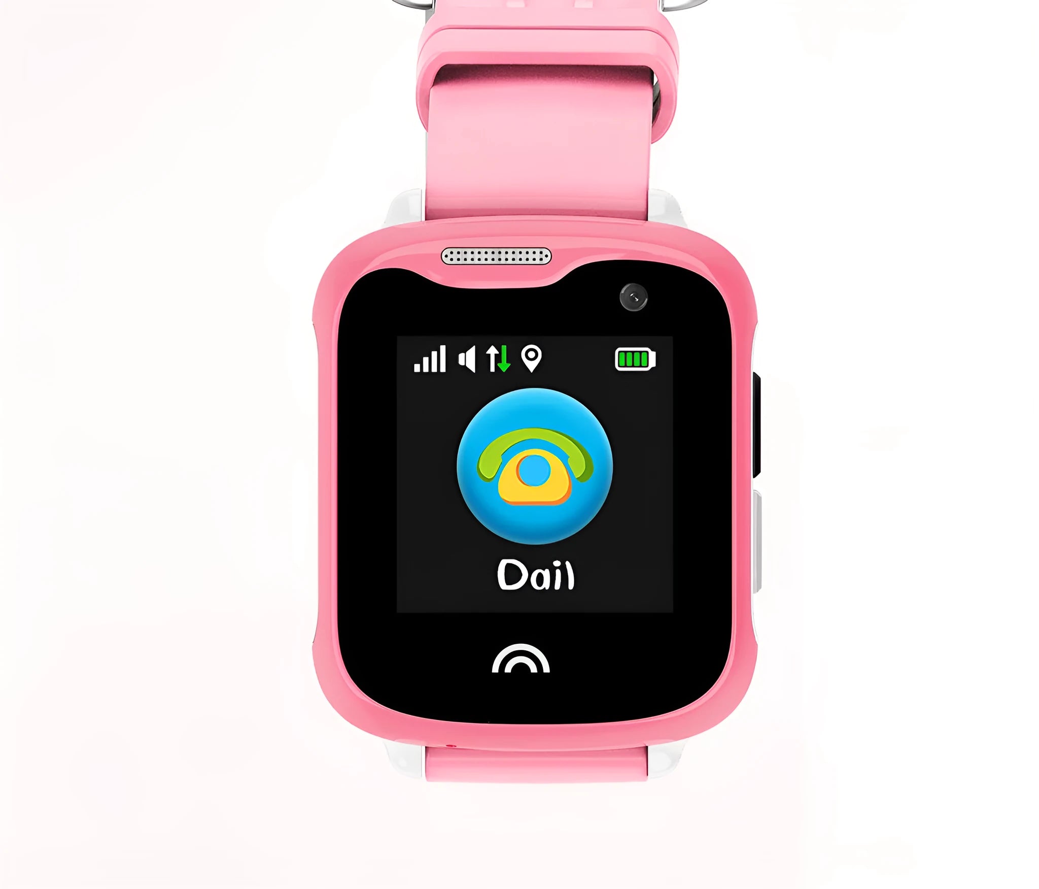 Children waterproof touch screen smart phone watch showing 1.54 inch screen and silicone strap in black