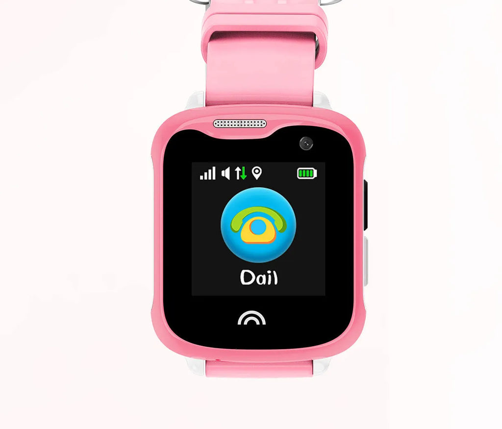 Children waterproof touch screen smart phone watch showing 1.54 inch screen and silicone strap in black
