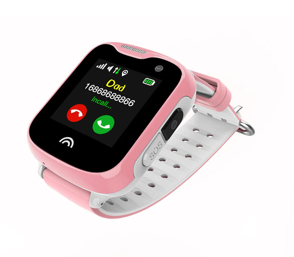 Children waterproof touch screen smart phone watch showing 1.54 inch screen and silicone strap in black