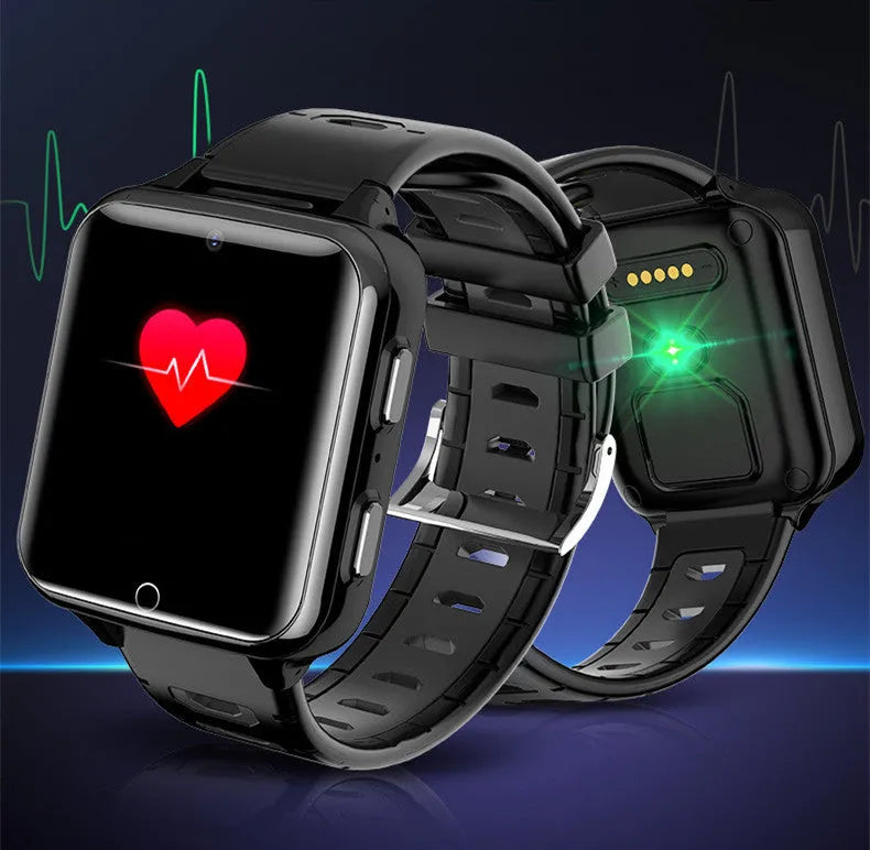 Children's smart watch with colourful silicone strap and camera on black, blue, or pink background.