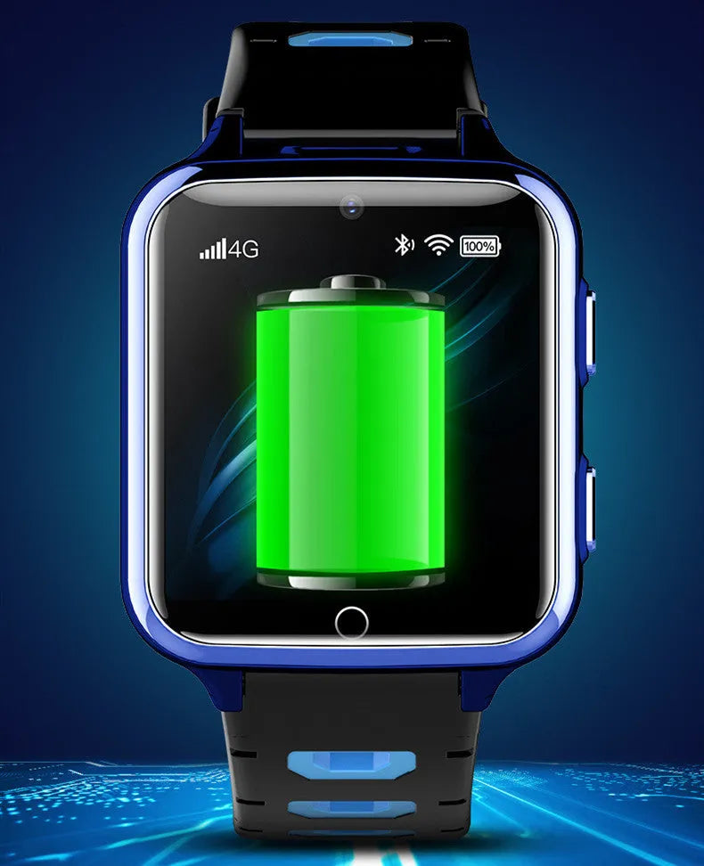 Children's smart watch with colourful silicone strap and camera on black, blue, or pink background.