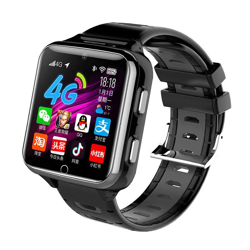 Children's smart watch with colourful silicone strap and camera on black, blue, or pink background.