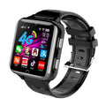 Children's smart watch with colourful silicone strap and camera on black, blue, or pink background.