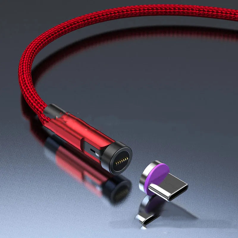 Black magnetic charging cable with rotating heads showing Apple and Android connectors