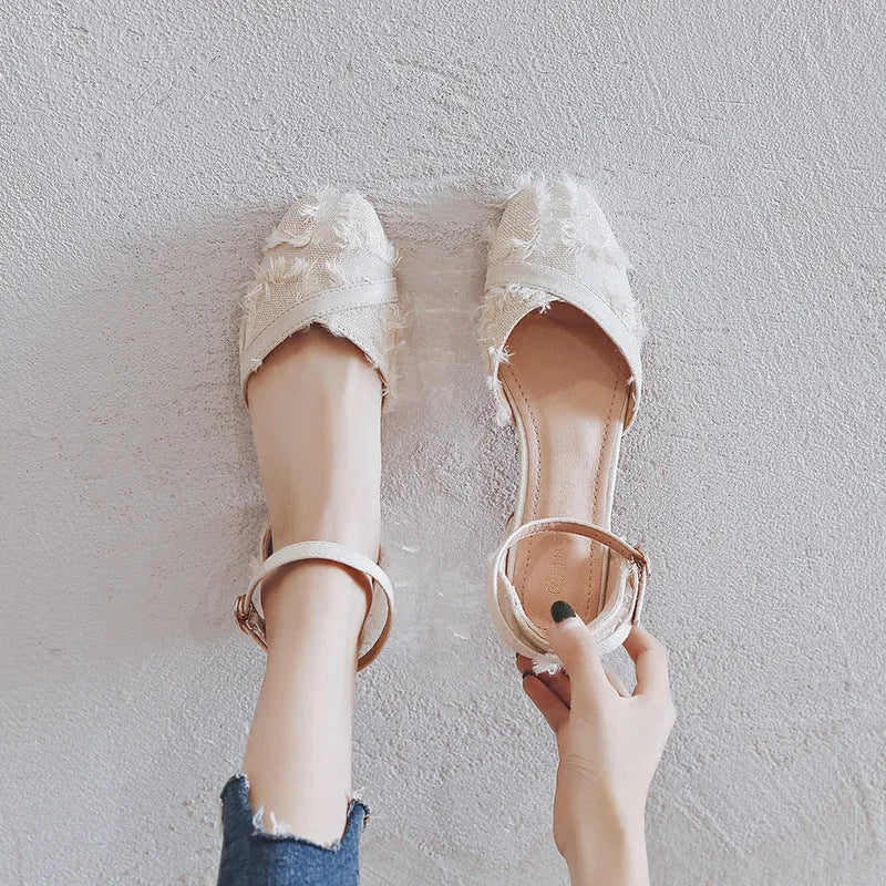 Women's apricot D'Orsay flats with ankle strap and 3cm low heel on suede upper