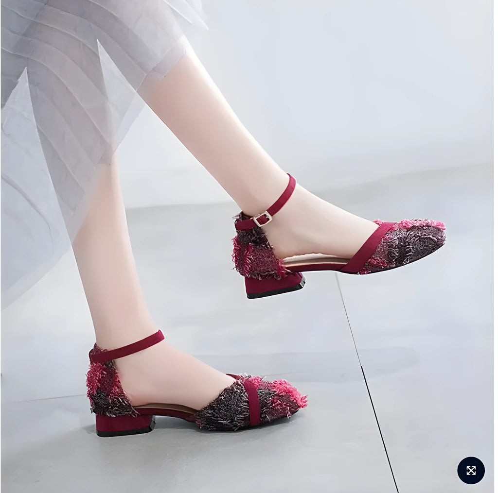 Women's apricot D'Orsay flats with ankle strap and 3cm low heel on suede upper
