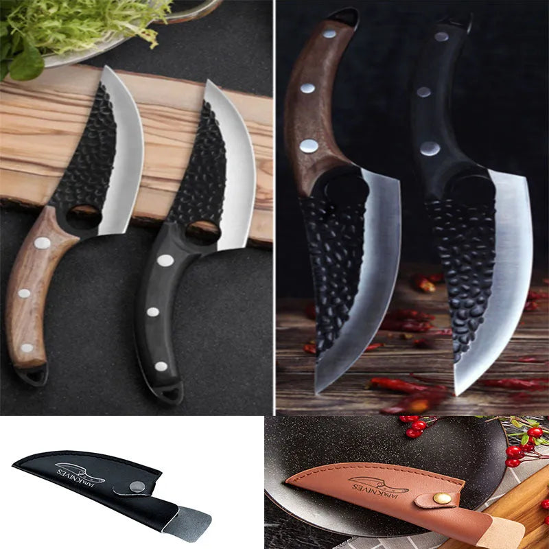 Forged 5CrMoV15 high carbon steel small scimitar boning knife with hammer pattern and black leather sheath