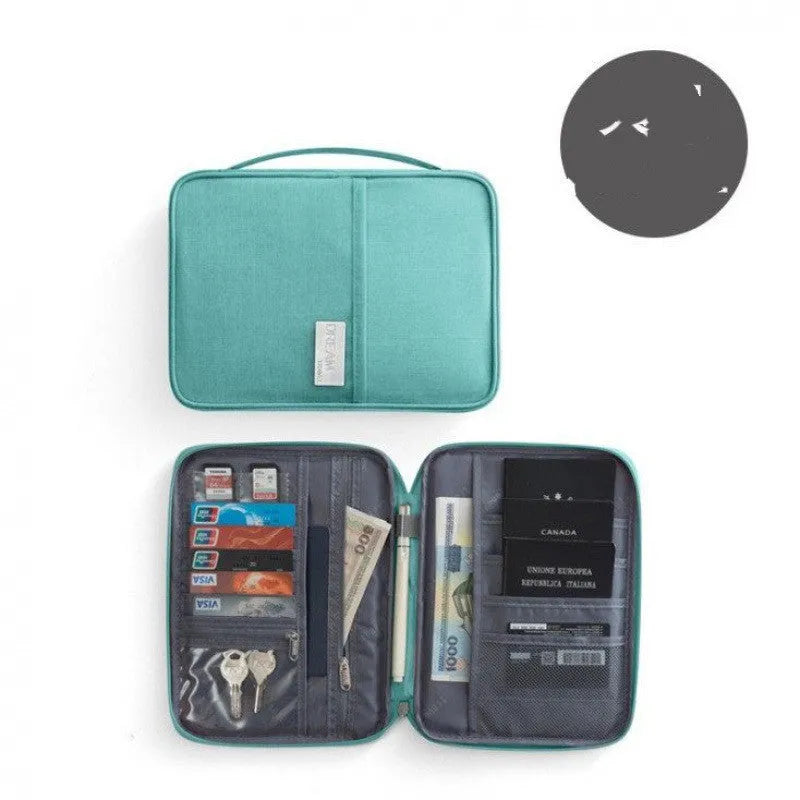 Waterproof cationic fabric passport cover in black colour showing document pockets and storage bag