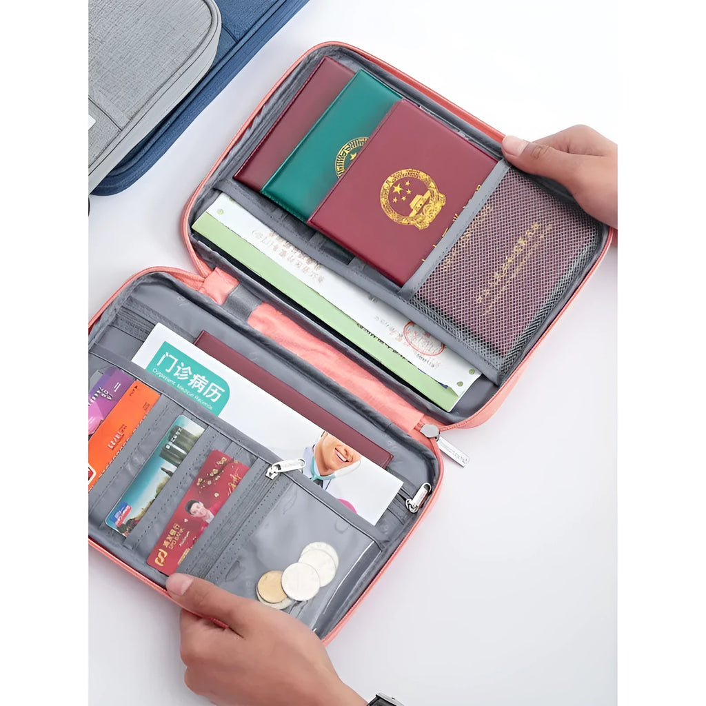 Waterproof cationic fabric passport cover in black colour showing document pockets and storage bag