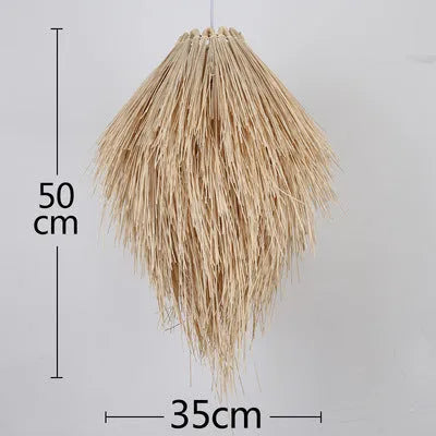 White rattan chandelier with pine cone shape, 300mm diameter, on ceiling