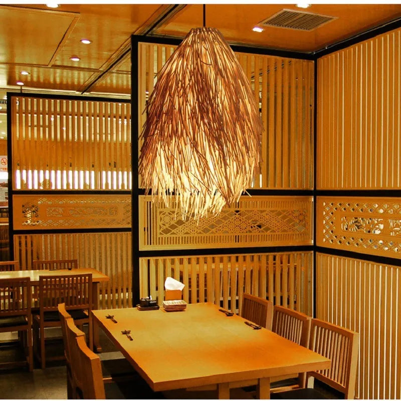White rattan chandelier with pine cone shape, 300mm diameter, on ceiling