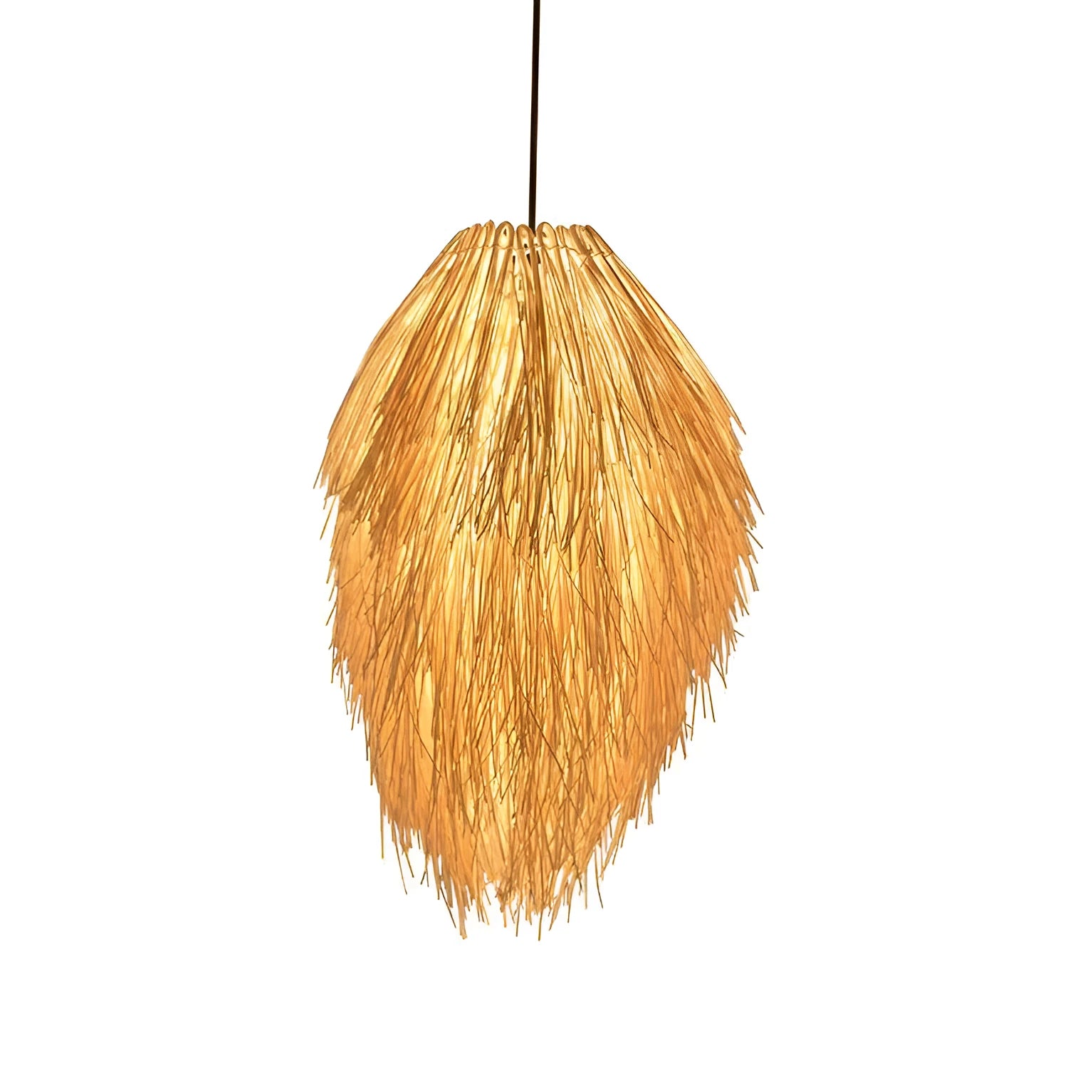 White rattan chandelier with pine cone shape, 300mm diameter, on ceiling