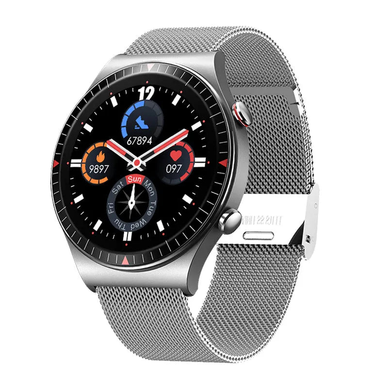 Black smartwatch with circular touch screen on a silicone strap, showing music and call interface.