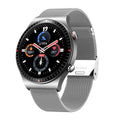 Black smartwatch with circular touch screen on a silicone strap, showing music and call interface.