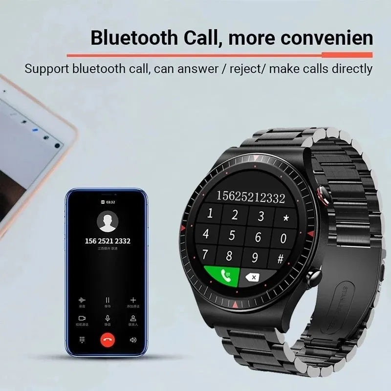Black smartwatch with circular touch screen on a silicone strap, showing music and call interface.