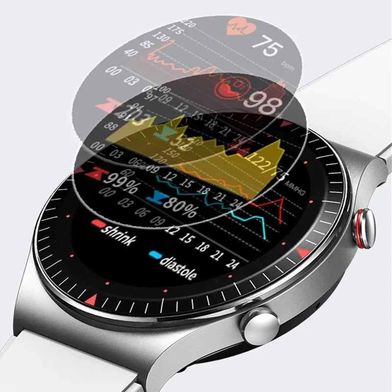 Black smartwatch with circular touch screen on a silicone strap, showing music and call interface.