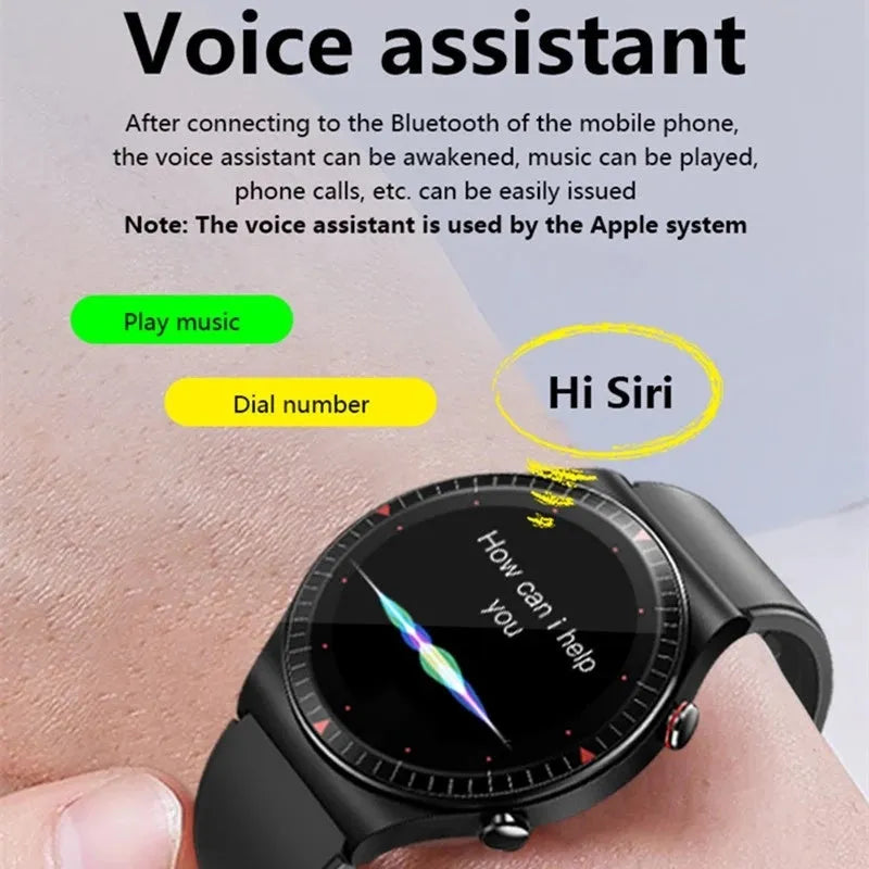 Black smartwatch with circular touch screen on a silicone strap, showing music and call interface.