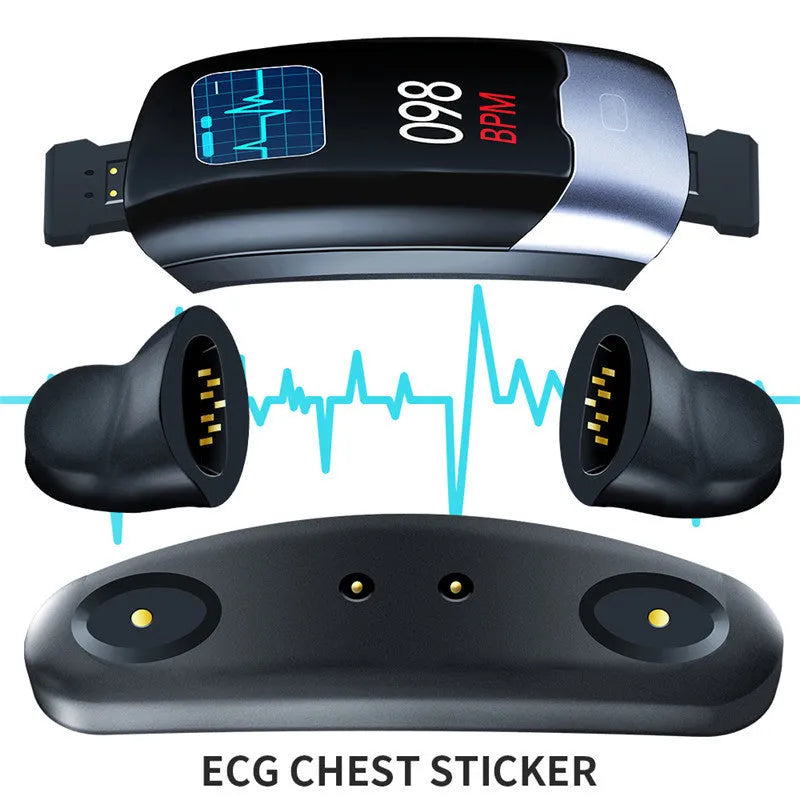 Black smart fitness tracker bracelet with digital display on a wrist.