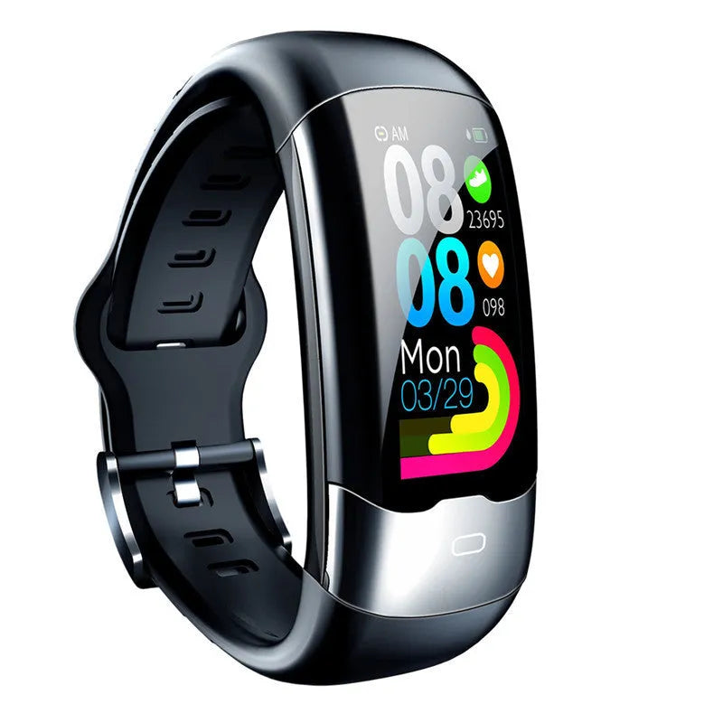 Black smart fitness tracker bracelet with digital display on a wrist.
