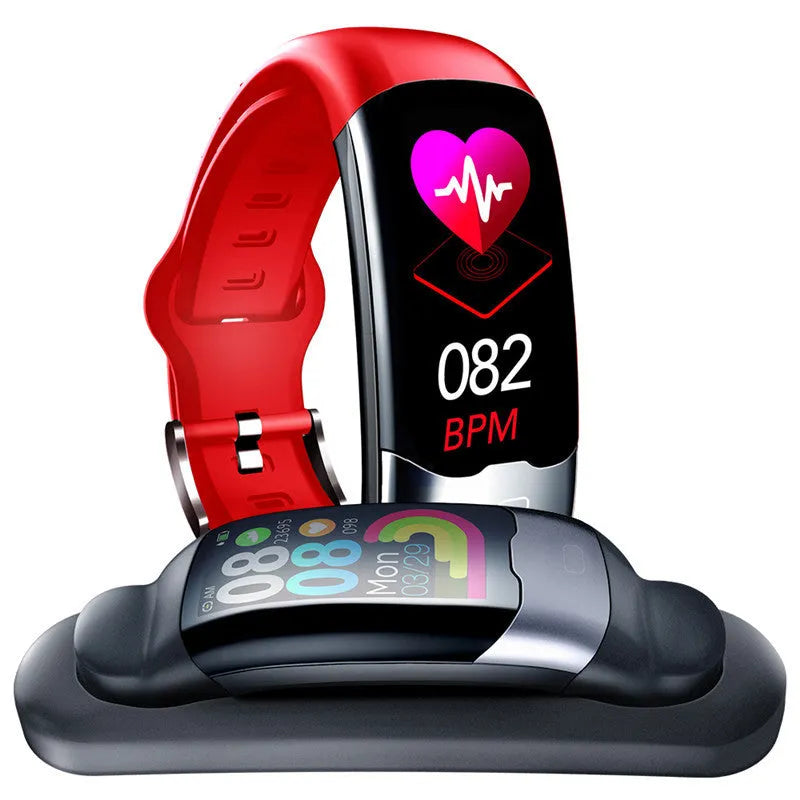 Black smart fitness tracker bracelet with digital display on a wrist.