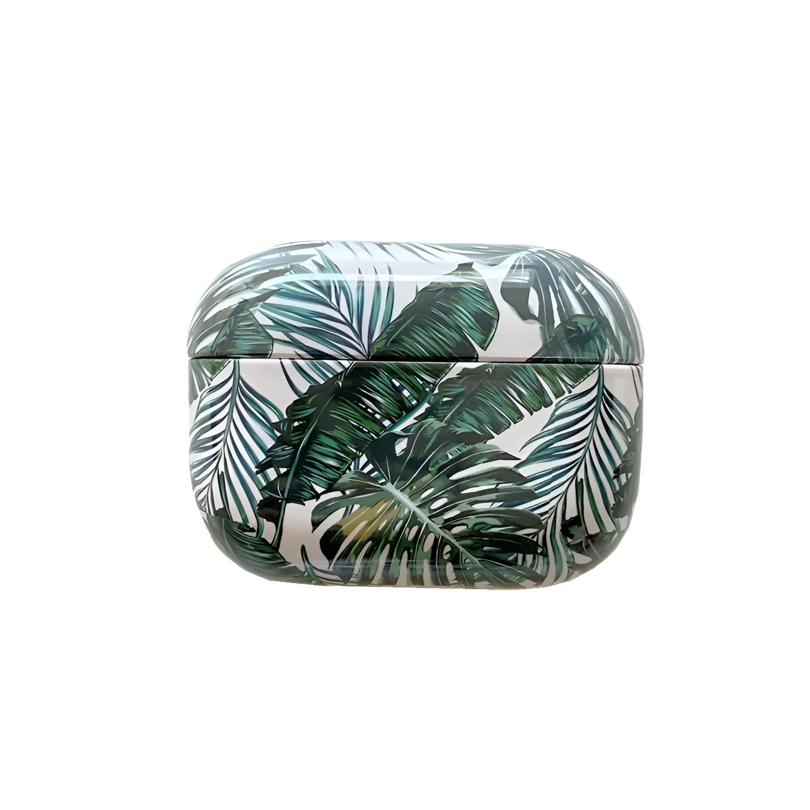 Soft blue TPU AirPods case with painted tropical banana leaf design.