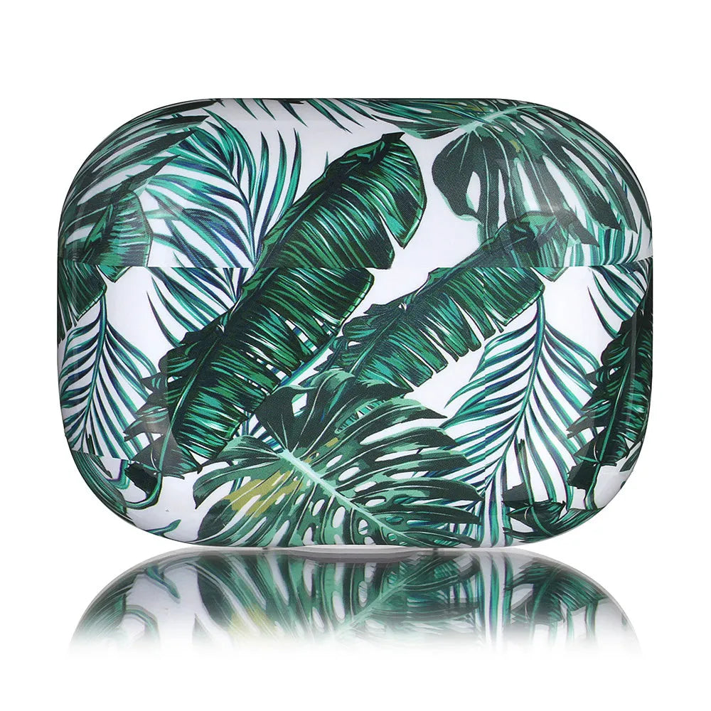 Soft blue TPU AirPods case with painted tropical banana leaf design.