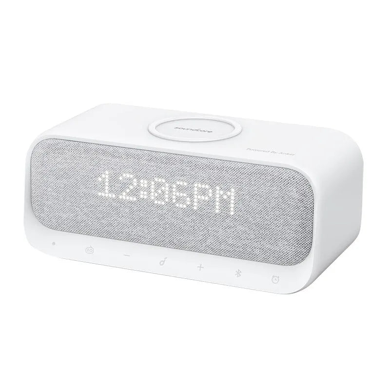 Anker Soundcore wireless charging alarm clock Bluetooth speaker in white or pink