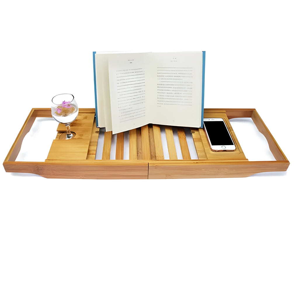 Bamboo bathtub frame with single-level shelving for bathroom storage organisation