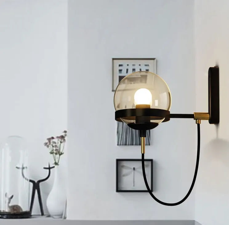 Modern retro wall lamp with glass shade, push button switch, black finish, LED light source for indoor use