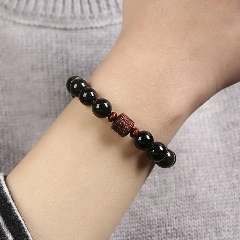Unisex Golden Obsidian bracelet with 10mm round hand-woven beads in retro national style