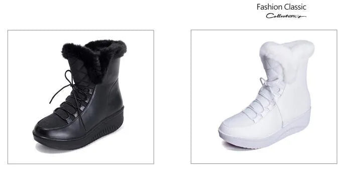 Women's winter boots with 3cm platform heel in black water-resistant PU leather with lace-up closure