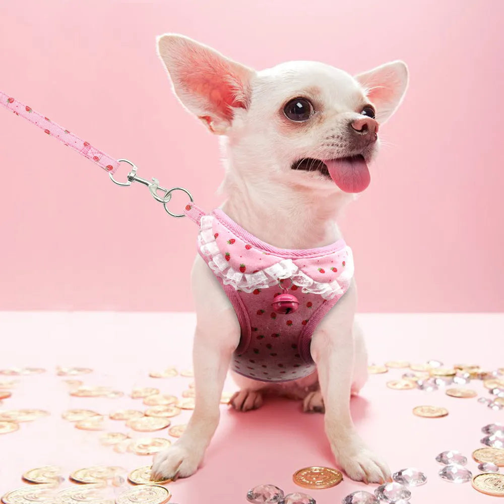 Pink canvas and polyester mesh dog chest harness with bell, adjustable chest strap, S size on small dog