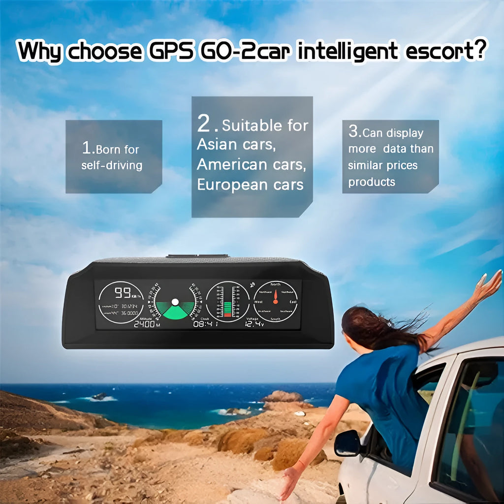 GPS GO 2 universal car HUD monitor in black showing speed altitude and compass on colour LCD display