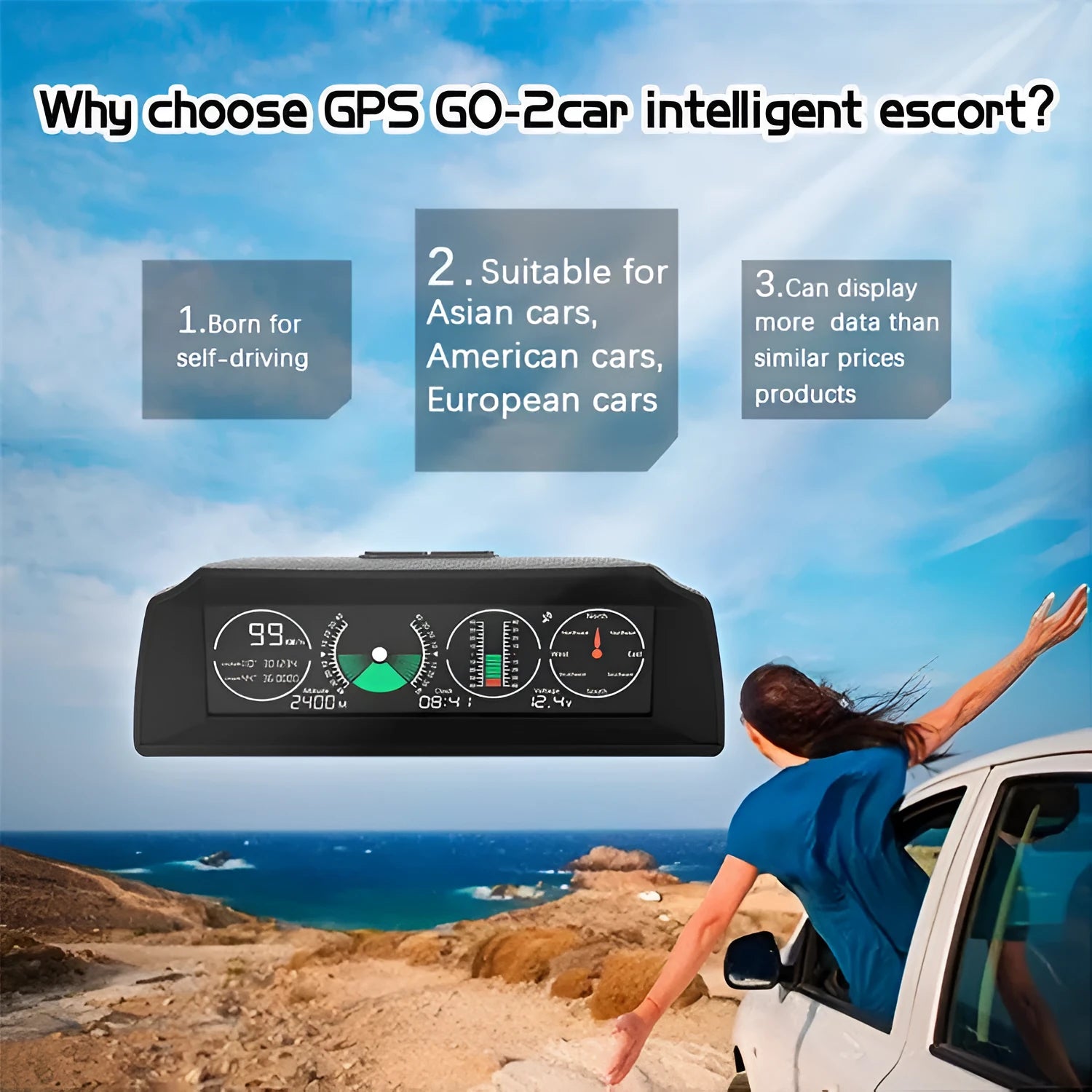 GPS GO 2 universal car HUD monitor in black showing speed altitude and compass on colour LCD display