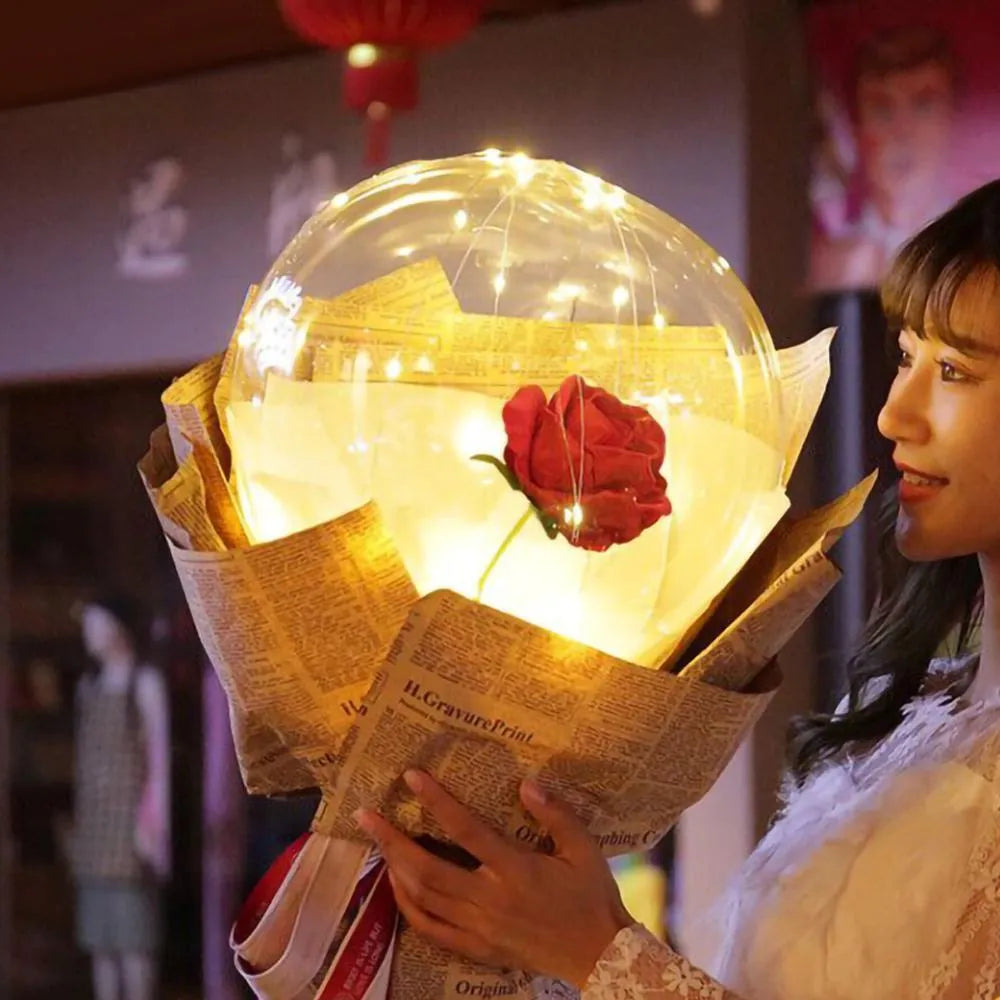 LED luminous balloon rose bouquet transparent boboballoon with artificial flower and LED light, displayed in clear balloon, multiple colour options available