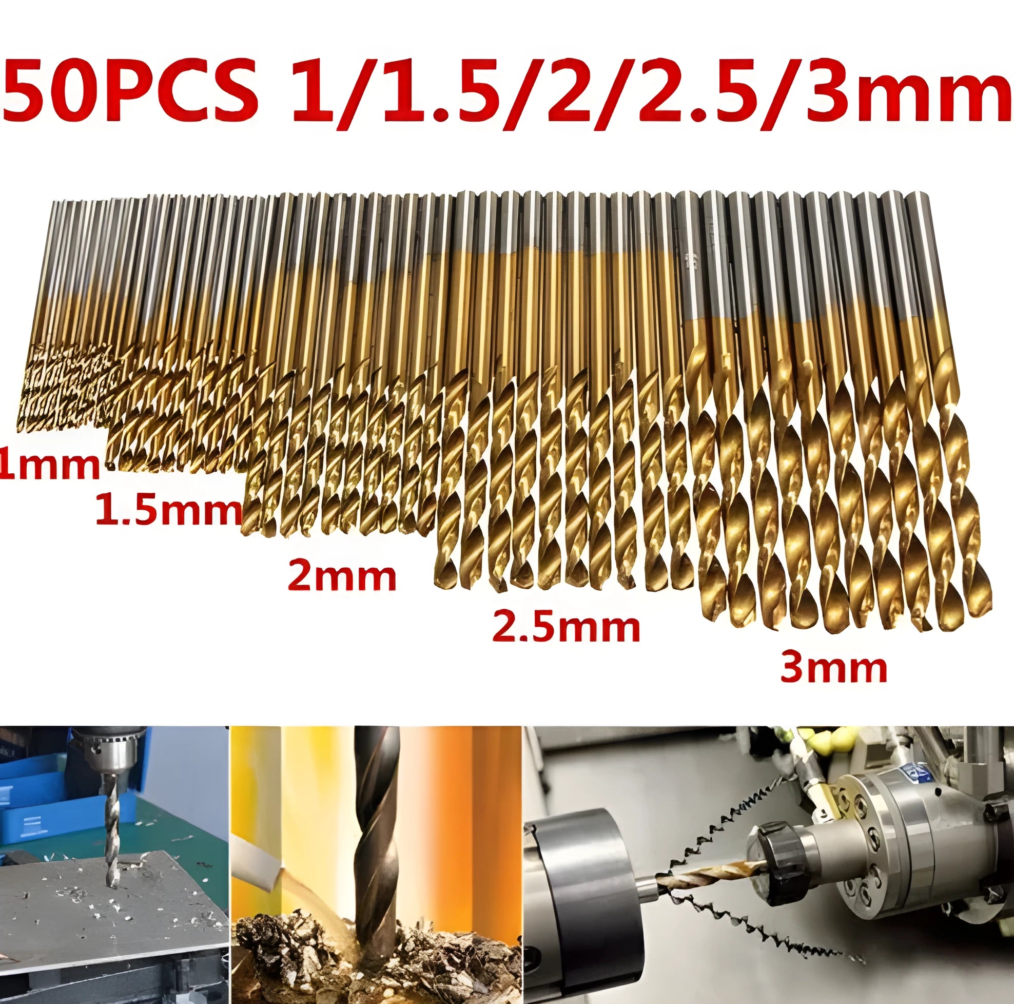 50 piece titanium coated HSS high speed steel twist drill bit set with hex shanks on a workbench