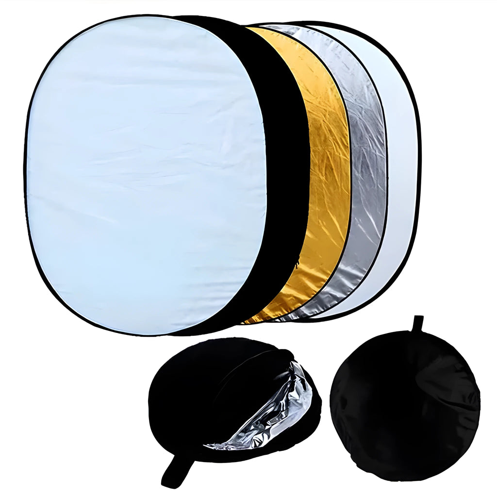 60x90cm collapsible 5-in-1 photography reflector with gold, silver, white, black, and translucent surfaces.