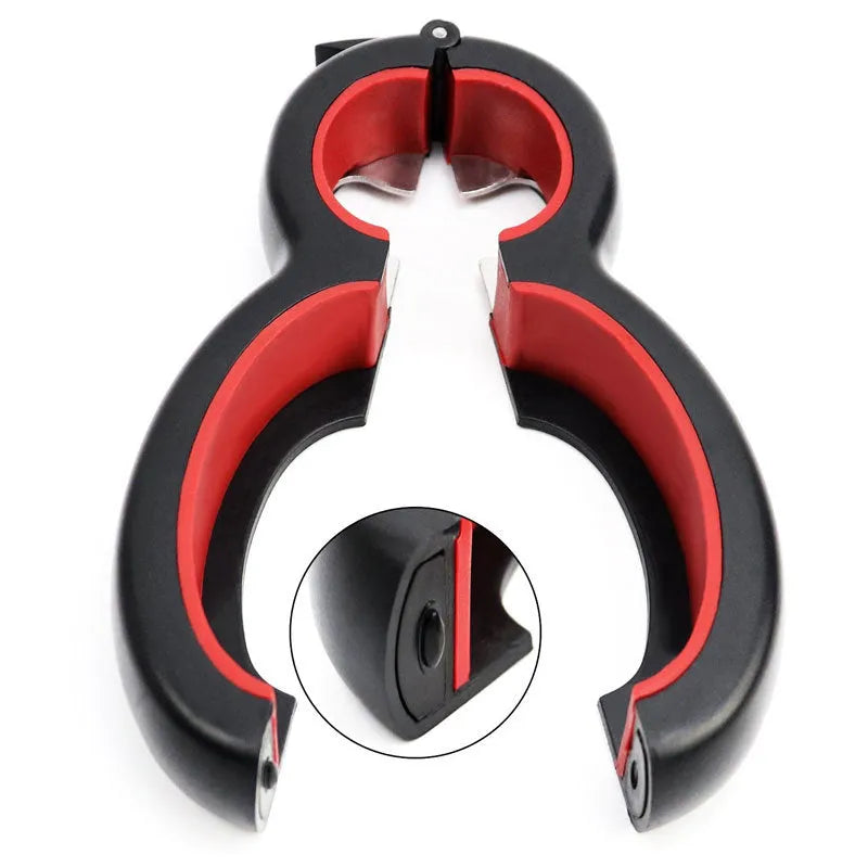 6-in-1 multifunctional can opener and bottle opener in grey on a kitchen worktop showing dual ring design