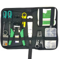 Network toolkit combo set with crimping pliers, tester, wire knives, screwdrivers, and RJ45 heads in tool bag