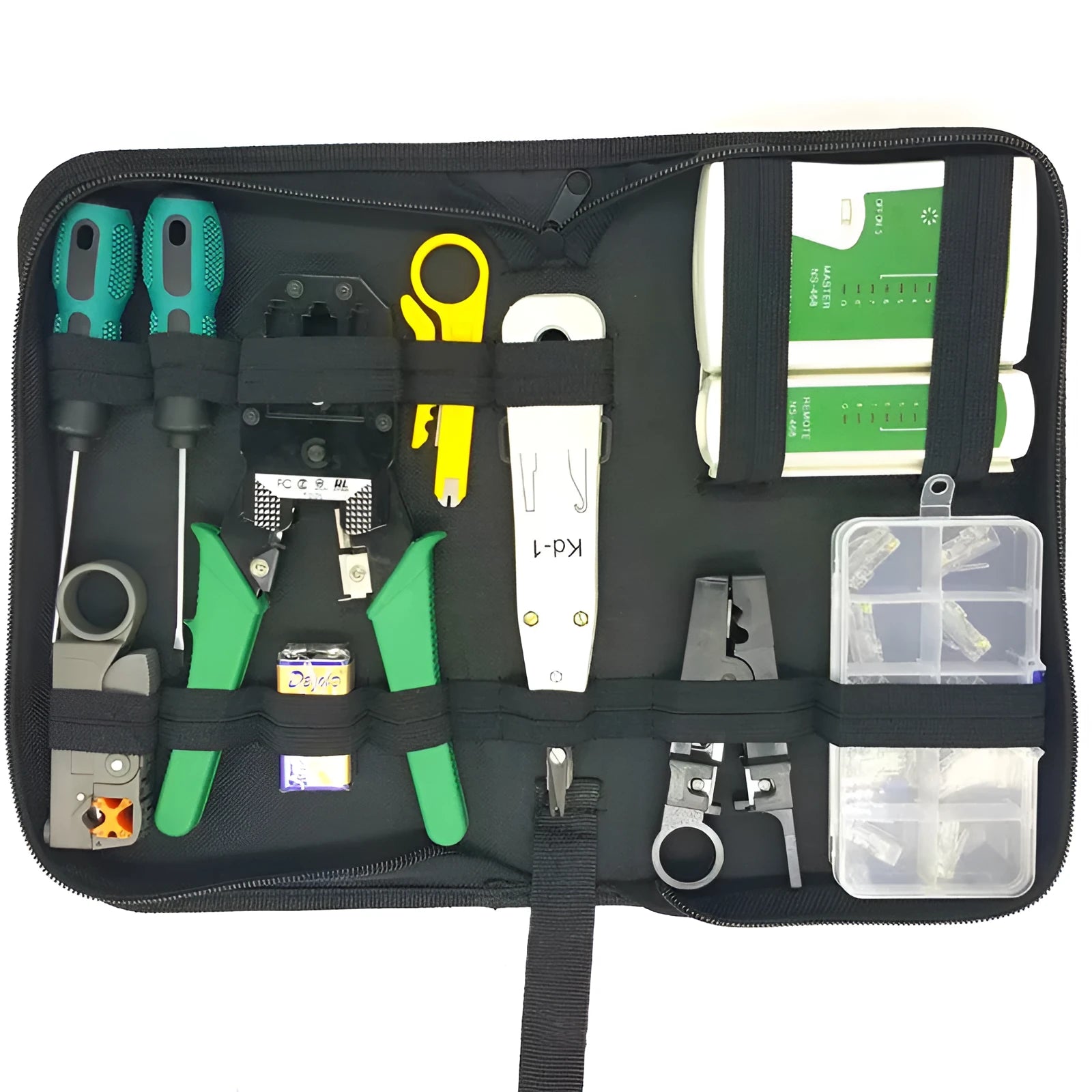 Network toolkit combo set with crimping pliers, tester, wire knives, screwdrivers, and RJ45 heads in tool bag