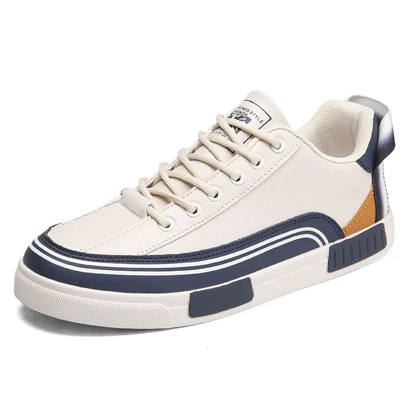 Men's beige and white/green canvas casual shoes with mesh sections and round toe