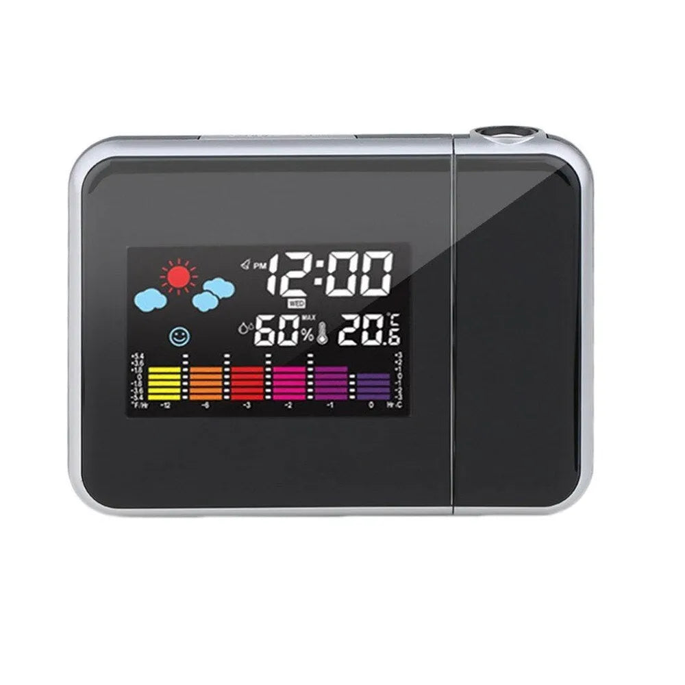 Black digital projection alarm clock showing time and temperature in multicolour LED